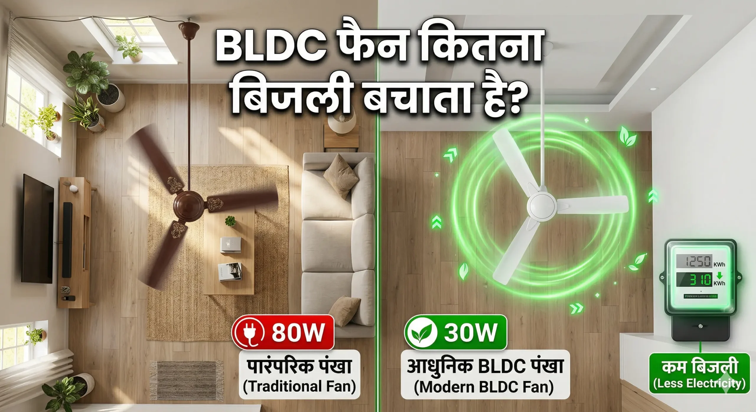 BLDC फैन और सामान्य पंखे की तुलना दिखाता हुआ इमेज जिसमें बिजली बचत दर्शाई गई है