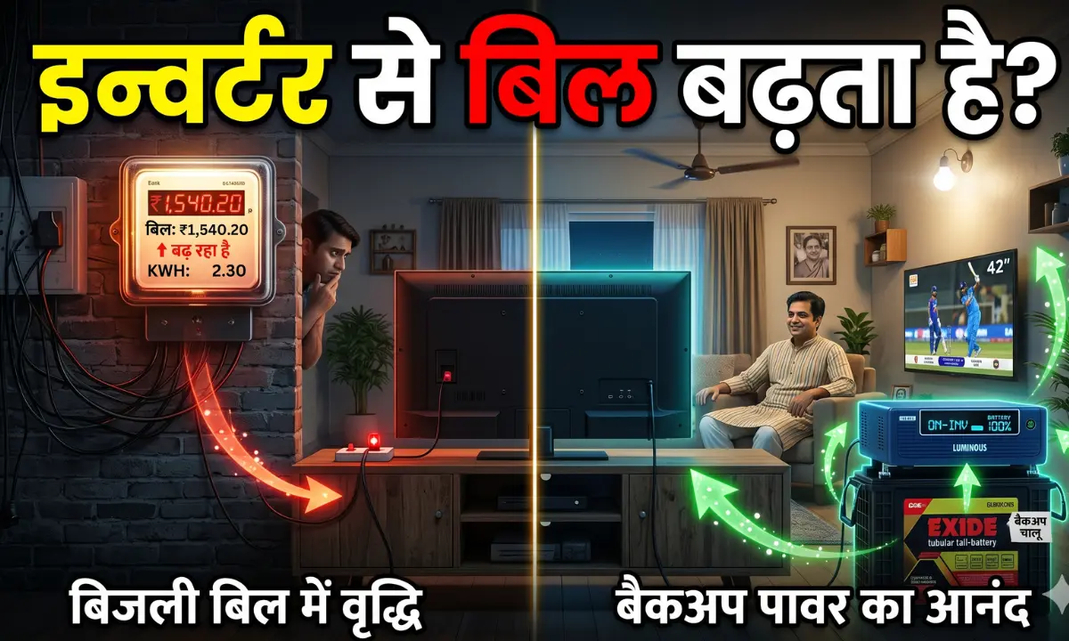 इन्वर्टर और बैटरी से बिजली बिल पर प्रभाव दिखाता हुआ चित्र