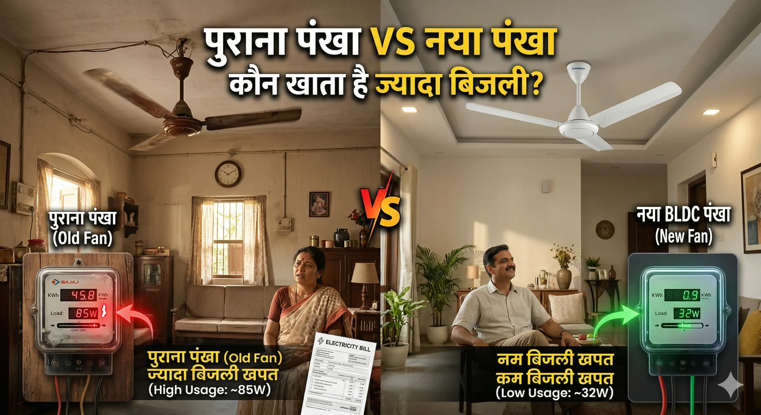 पुराना और नया BLDC पंखा बिजली खपत तुलना दिखाता हुआ